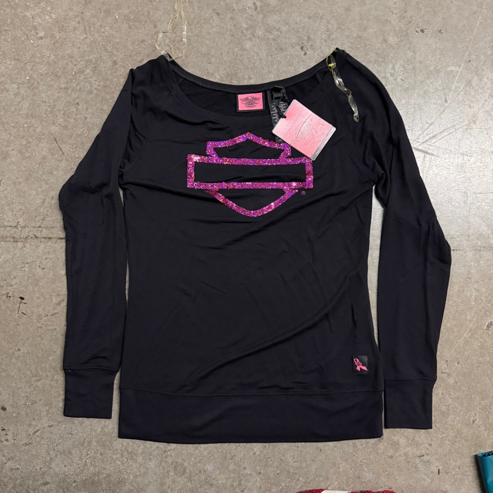Harley-Davidson Pink Label Sequin Logo Long Sleeve Shirt Black Small NWT